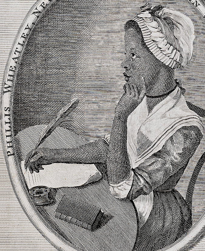 Depiction of Phillis Wheatley, a freed slave who became a celebrated American poet during a literary period known as the Enlightenment.