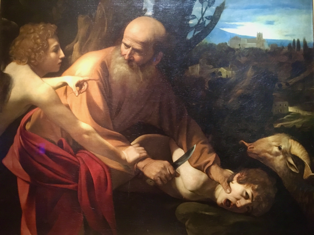 Caravaggio's painting Sacrifice of Isaac, 1603, depiciting a story from The Bible. Photograph by Andrew Sutherland of the original in the Uffizi Gallery in Florence, Italy.