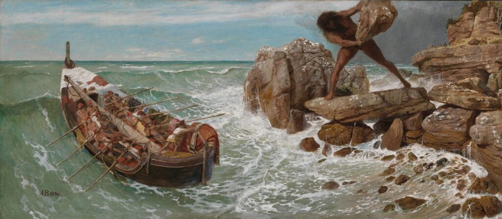 Image of the cyclops hurling a boulder at Odysseus' fleeing ship (Arnold Böcklin, 1896, Boston Museum of Fine Arts, public domain), one of the most memorable moments in classical literature.