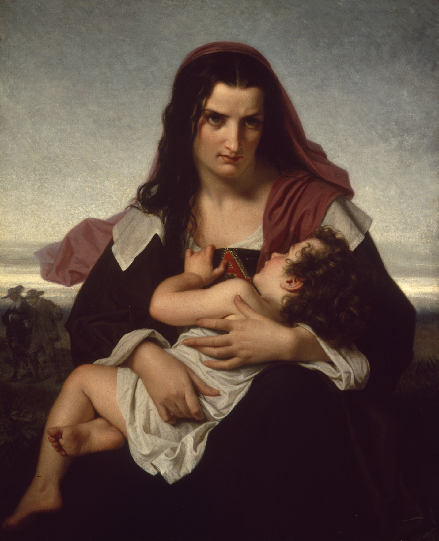 Hugues Merle’s illustration of characters in The Scarlet Letter (oil on canvas, 1859). Hawthorne considered this the finest illustration of his book. Note the imagery—the scarlet letter stands out against the black cloth, representing sex and death.