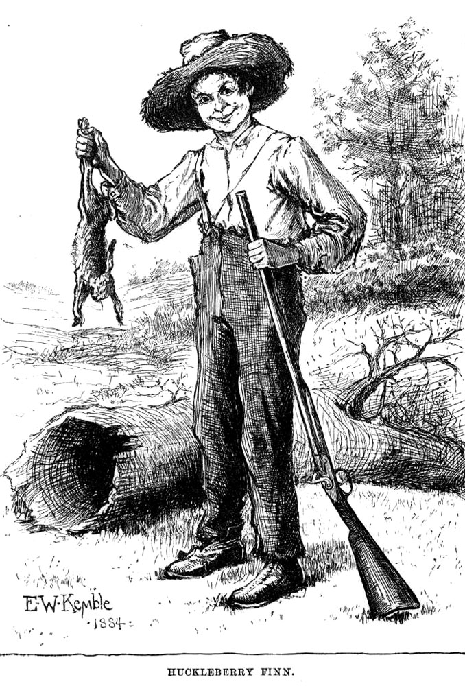 Illustration by E.W. Kemble of Huck catching a rabbit from the first edition of The Adventures of Huckleberry Finn, 1884.